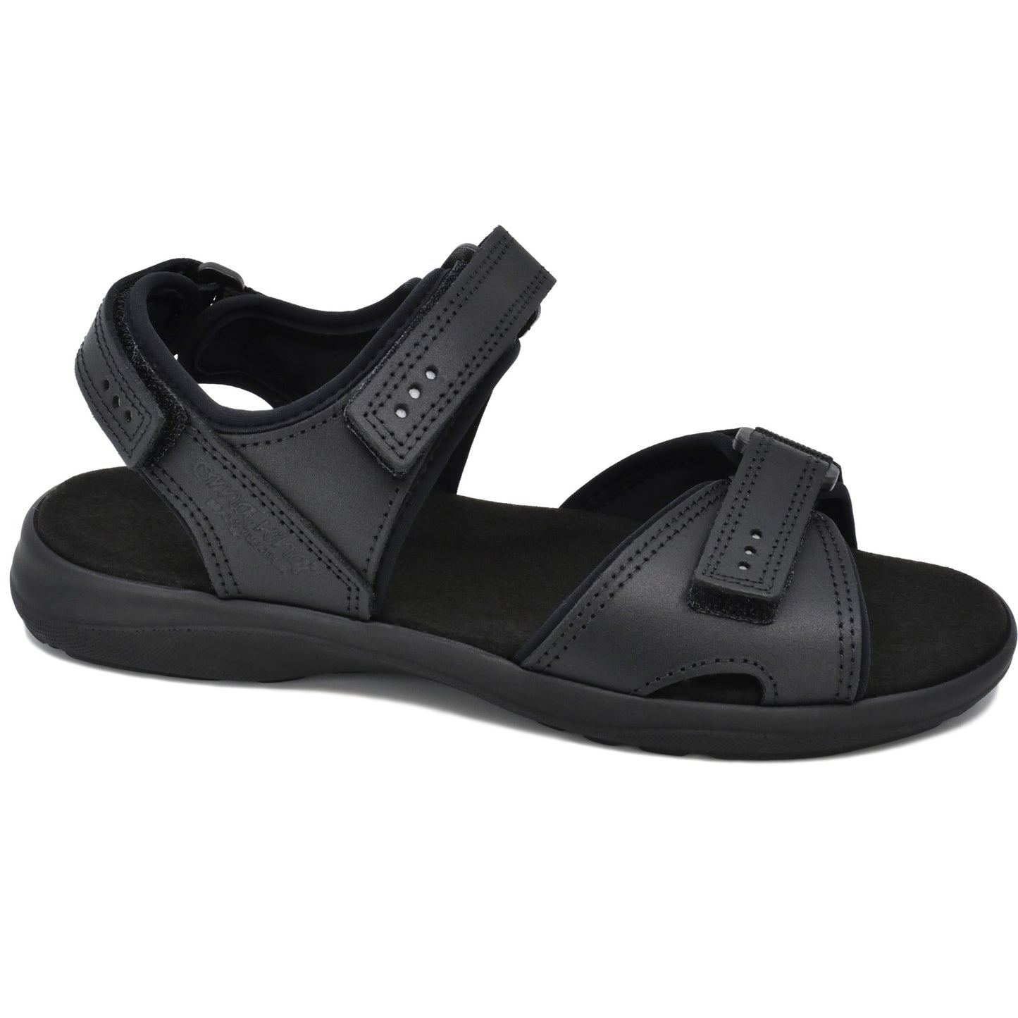 Black leather women's sandals with adjustable straps and arch support by Omaking.