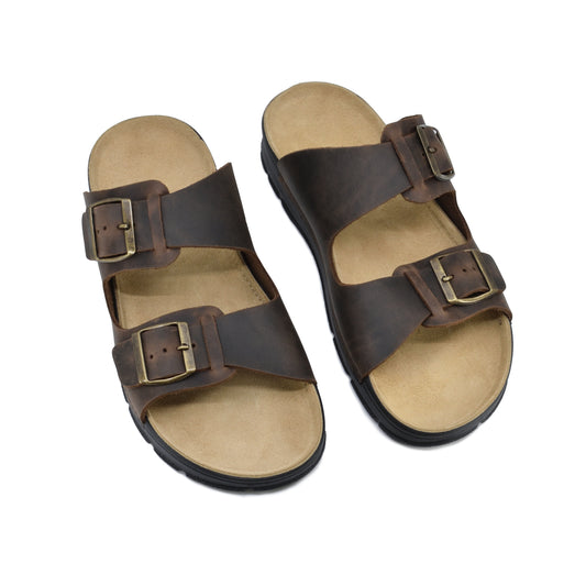 Dark brown leather sandals with adjustable buckles and anatomical footbed by Omaking, Estonian made.
