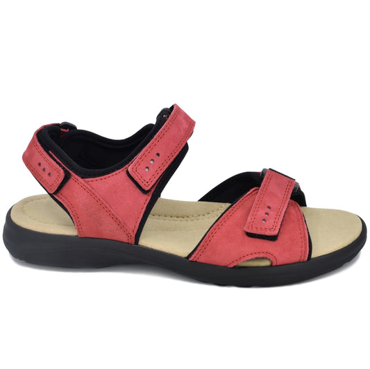 Red adjustable strap sandals for women by Omaking, featuring lightweight leather and arch support.