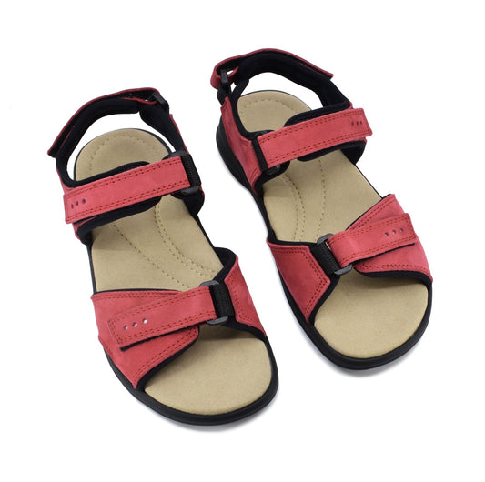 Red lightweight leather sandals for women with adjustable straps and arch support by Omaking.