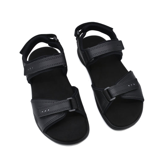 Black lightweight leather sandals with adjustable straps and arch support by Omaking.