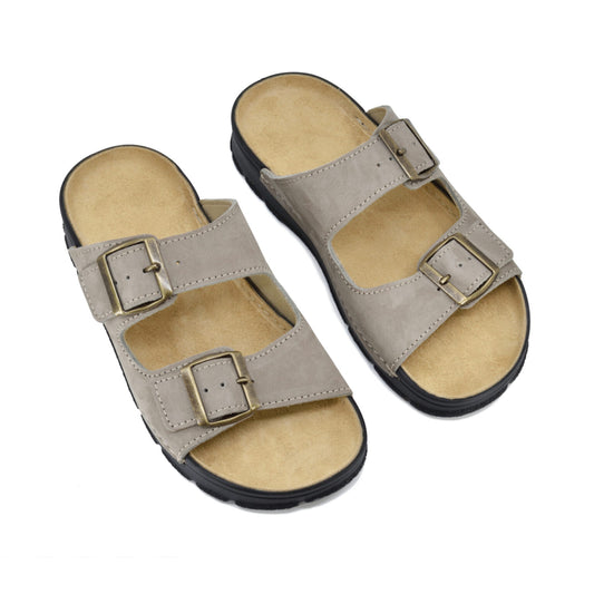 Grey adjustable nubuck leather sandals with dual buckles and anatomical footbed by Omaking.