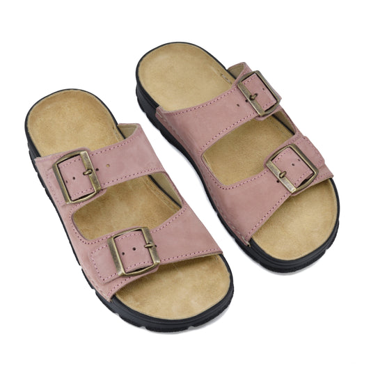 Pink adjustable leather sandals with dual buckle closure and anatomical insole by Omaking.