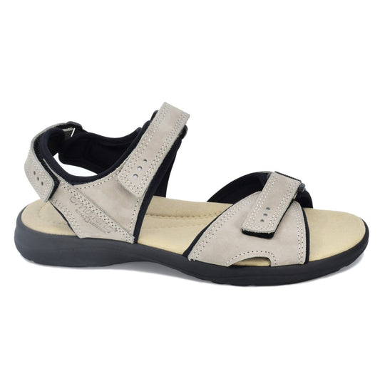 Grey lightweight leather sandals with adjustable straps and arch support by Omaking.