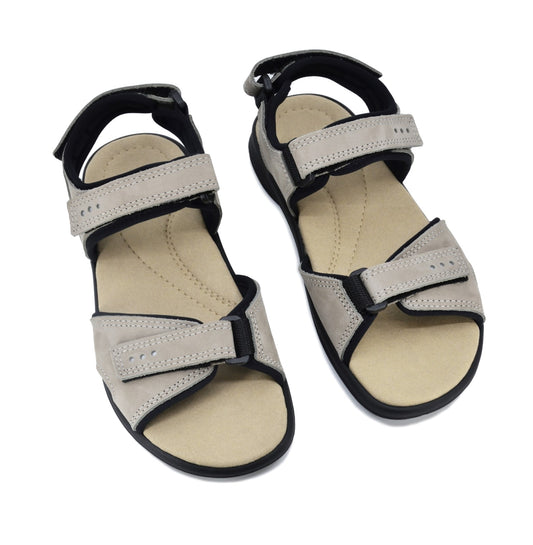 Grey leather women's sandals with adjustable straps and arch support by Omaking.