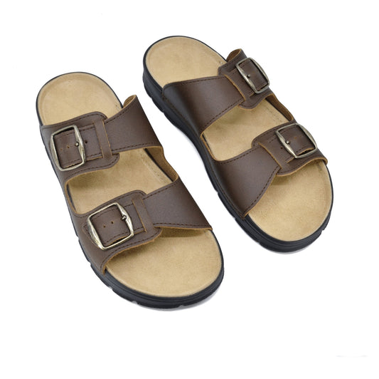 Brown leather sandals with adjustable buckles and anatomical support by Omaking.