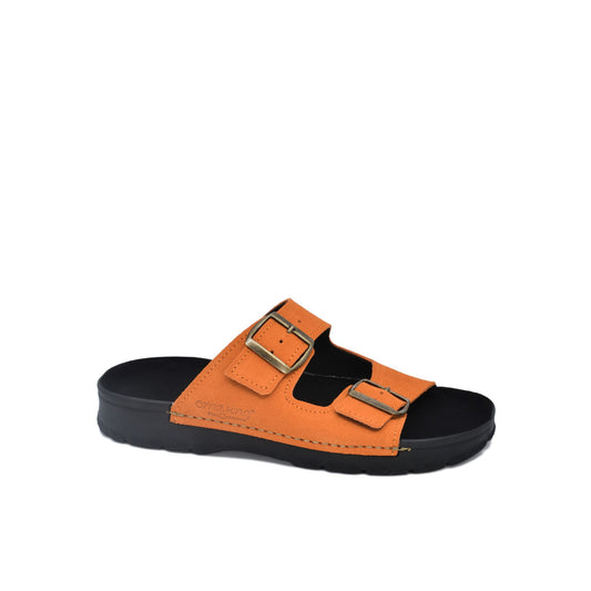 Orange Meeliku sandals by Omaking with dual buckle design and black outsole, available in sizes 36, 37, and 38.