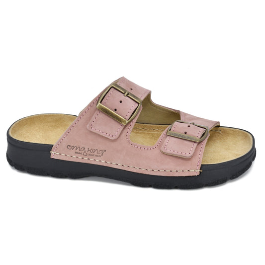 Pink adjustable leather sandals with dual buckle closure and anatomical insole, crafted by Omaking.