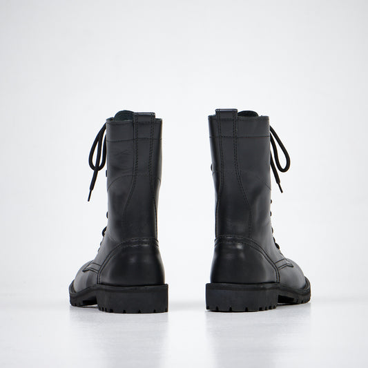 Black leather ankle boots with lace-up front and rugged sole, available in sizes 38, 40, and 52 by aipi.