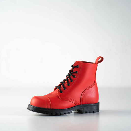 Red water-repellent leather unisex ankle boots with lace-up front, branded by Samelin.