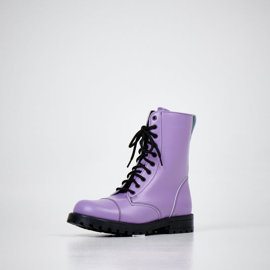 Purple leather military combat boots by Samelin with antibacterial insole and durable direct-injected PU sole.