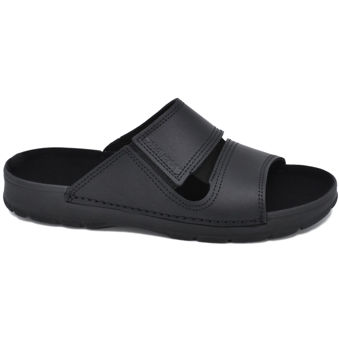 Black slide-on sandals with dual straps, cushioned footbed, by Omaking, available in sizes 39, 40, and 41.