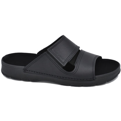 Black slide-on sandals with dual straps, cushioned footbed, by Omaking, available in sizes 39, 40, and 41.