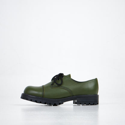 Green genuine leather unisex military-grade boots with a chunky black sole by Samelin.
