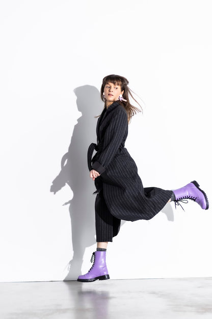 Purple leather combat boots with antibacterial insoles and direct-injected PU sole by Samelin.