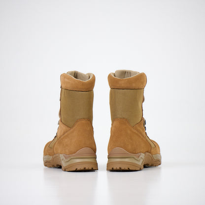 Tan waterproof leather military combat boots with antibacterial insole and dual-layer sole, by Samelin.