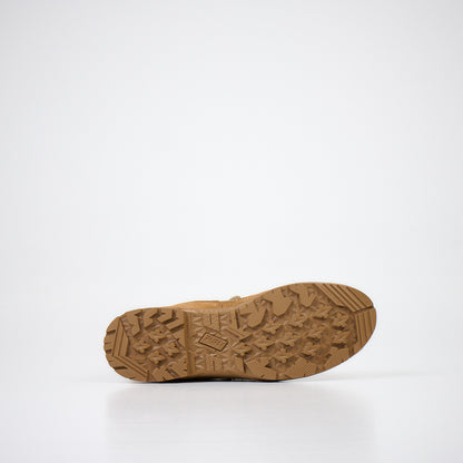 Tan waterproof leather military combat boots by Samelin with dual-layer sole and antibacterial insole.