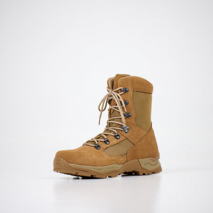Tan waterproof leather military combat boots with antibacterial insole and Coolmax lining by Samelin.