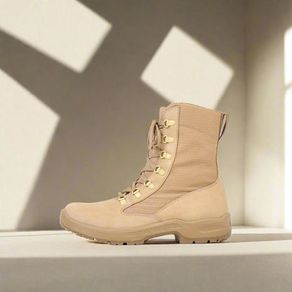 Beige waterproof nubuck leather desert boots with dual closure, antibacterial insole, and military-grade design by Samelin.