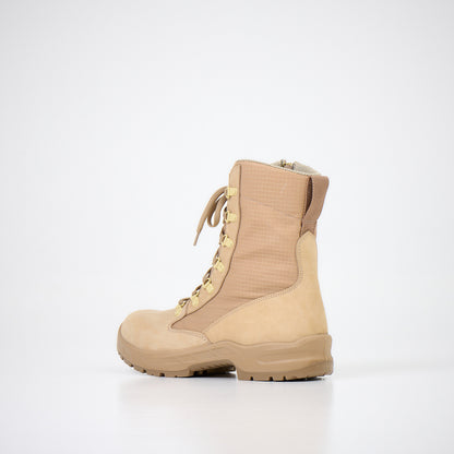 Tan waterproof nubuck leather desert boots with dual closure and antibacterial insole, by Samelin.