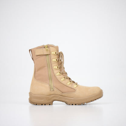 Tan waterproof nubuck leather desert boots with dual closure and antibacterial insole by Samelin.