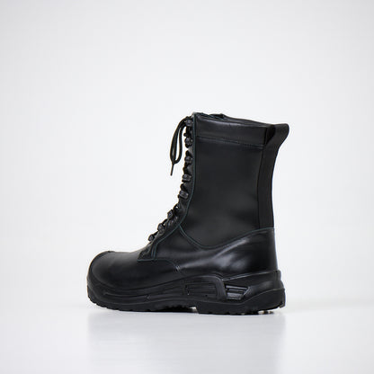 Black waterproof leather combat boots with lace-up front, military-grade design, by Samelin.
