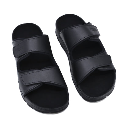 Black adjustable leather sandals for men by OmaKing, featuring two straps for comfort and support.