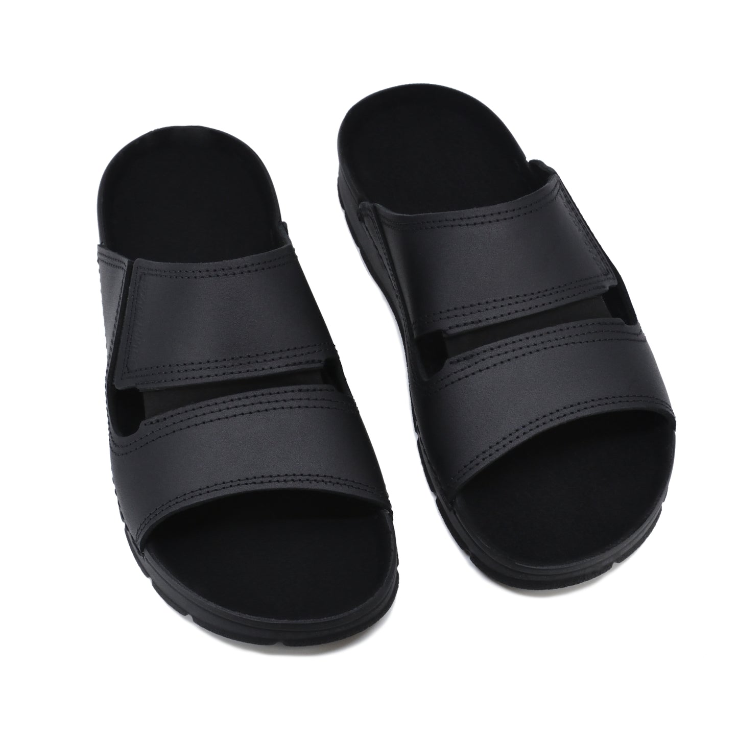 Black Miku sandals by Omaking with dual adjustable straps and cushioned footbed, available in sizes 39, 40, and 41.