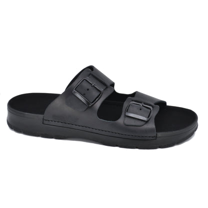 Black handmade leather sandals for men with adjustable buckles by Omaking, featuring anatomical support.
