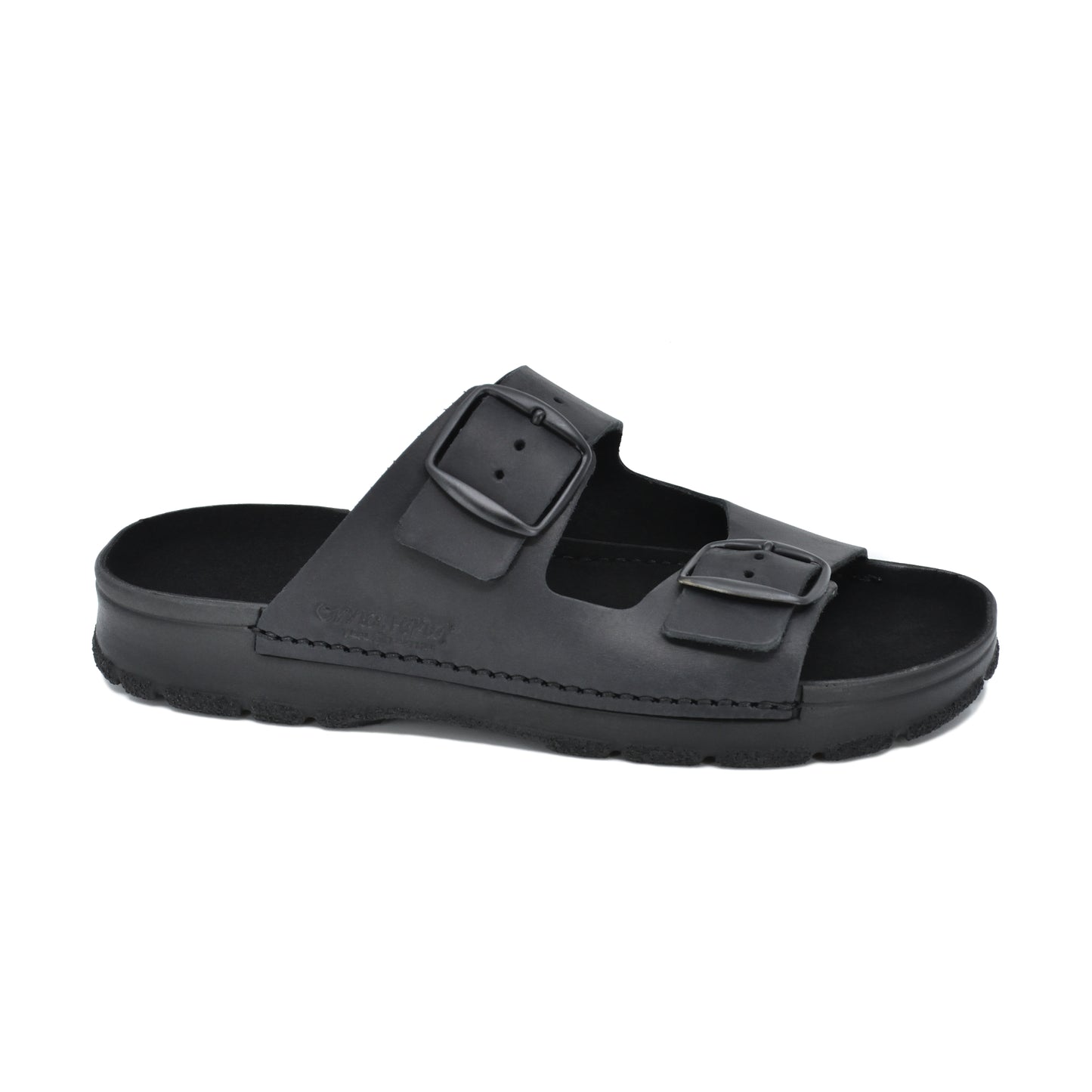 Black Meeliku sandals by Omaking with two adjustable buckle straps and cushioned sole, available in sizes 36-38.