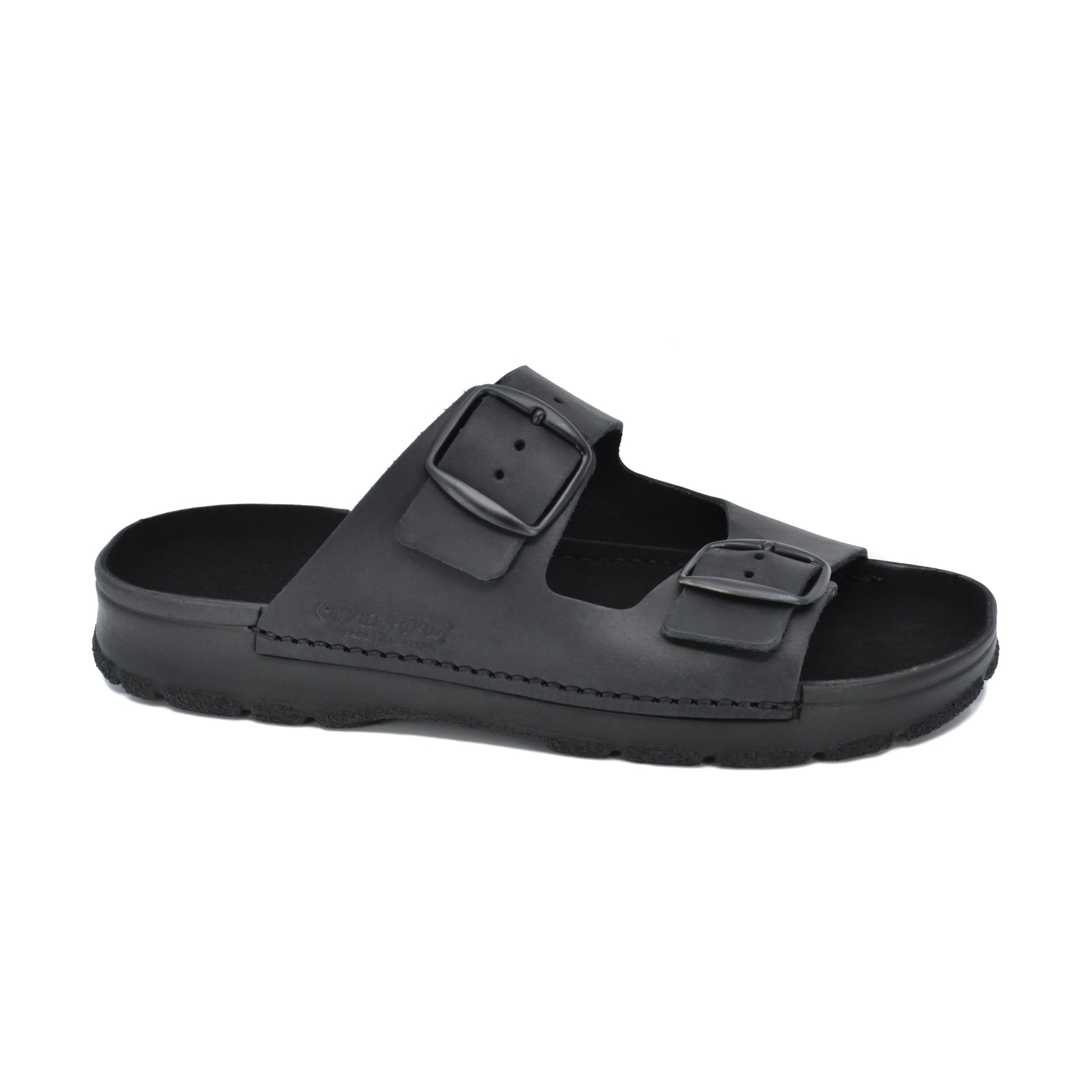 Black Meeliku sandals by Omaking with two adjustable buckle straps and cushioned sole, available in sizes 36-38.