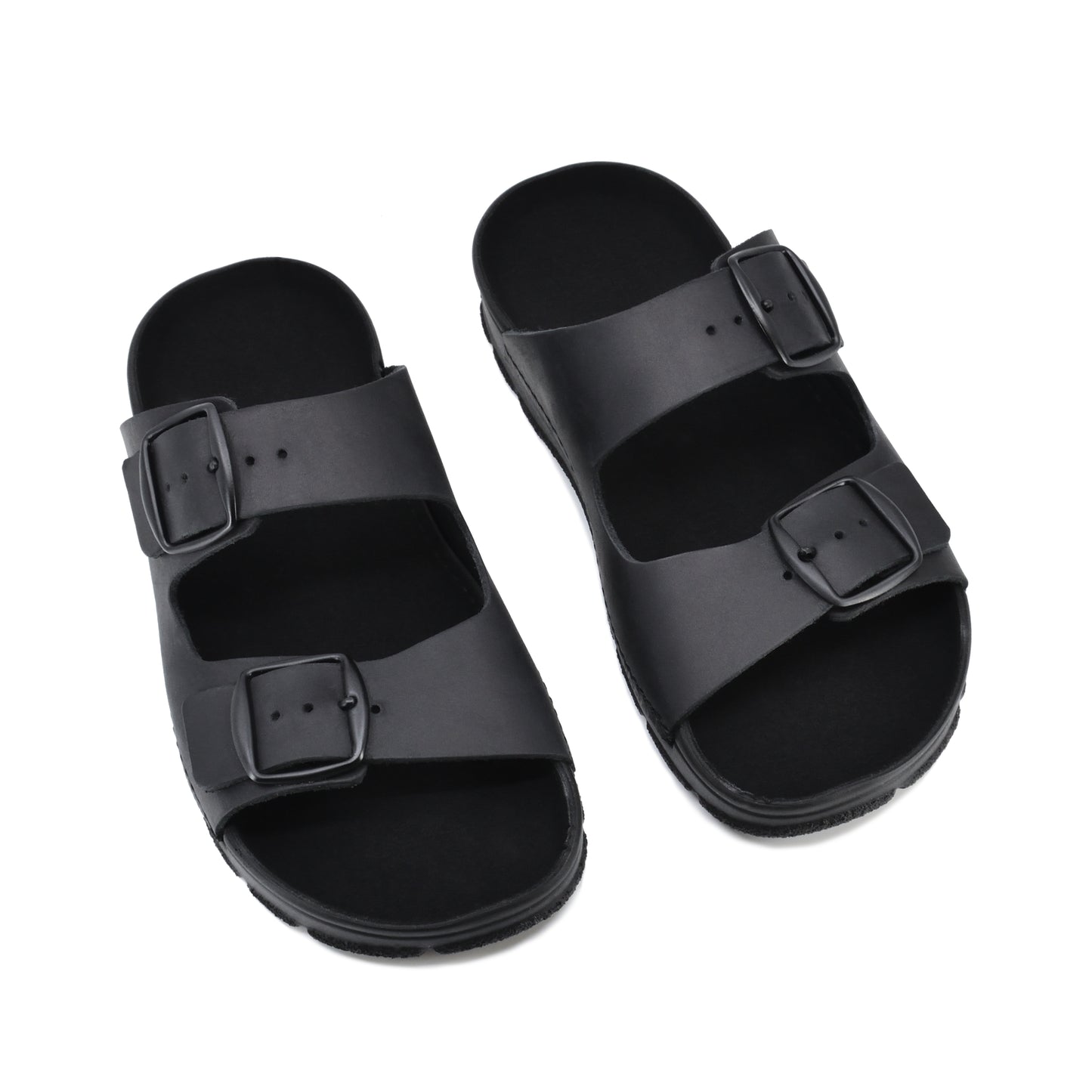 Black Meeliku sandals by Omaking with two adjustable buckle straps. Available in sizes 36, 37, and 38.