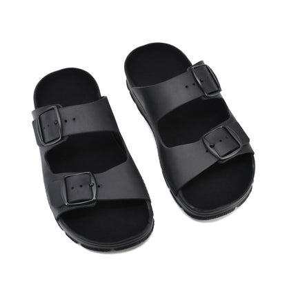 Black Meeliku sandals by Omaking with two adjustable buckle straps. Available in sizes 36, 37, and 38.