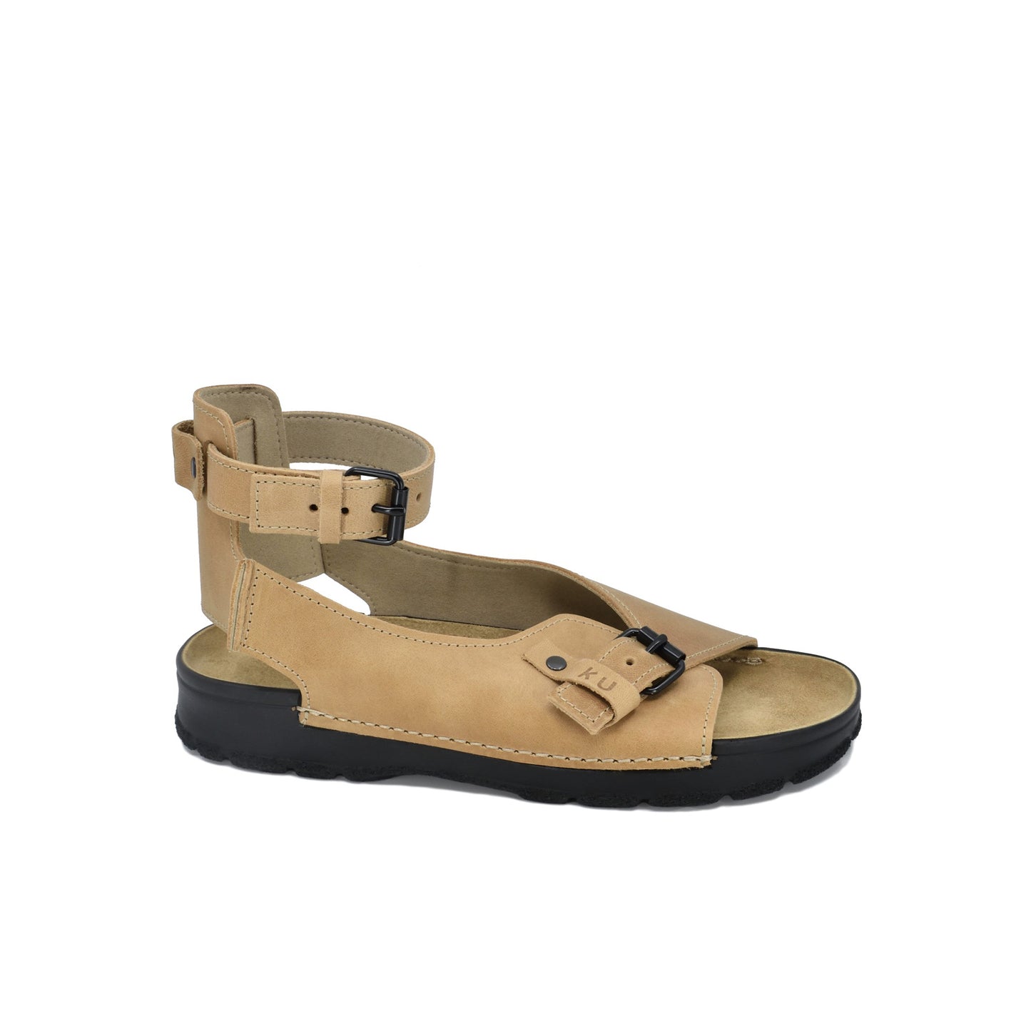 Beige leather sandals with adjustable ankle strap, cushioned footbed, and rubber sole by Omaking.