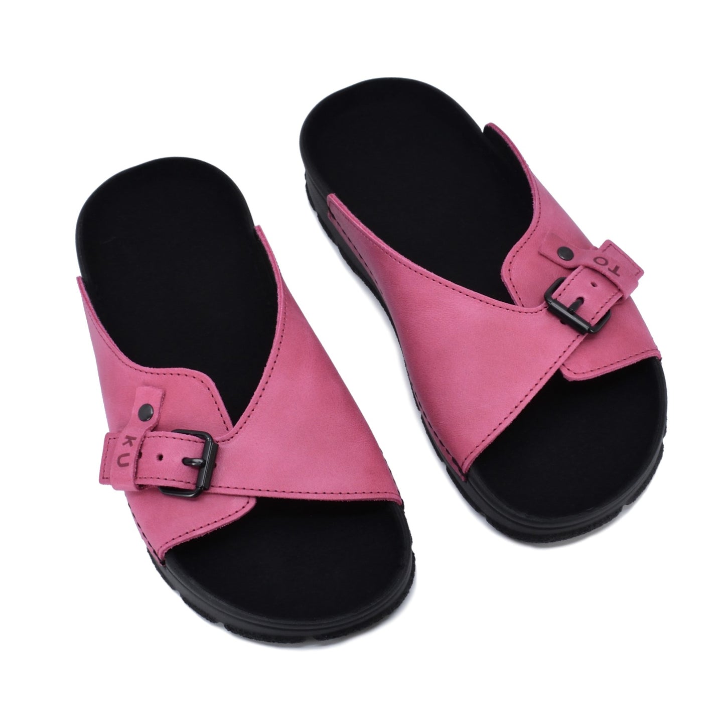 Pink TOKU Rome Sandals by Omaking with cross strap and buckle detail, available in sizes 36, 37, and 38.
