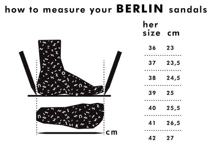 Measurement guide for TOKU Berlin leather sandals in green, sizes 36, 37, and 38, showcasing ergonomic design.