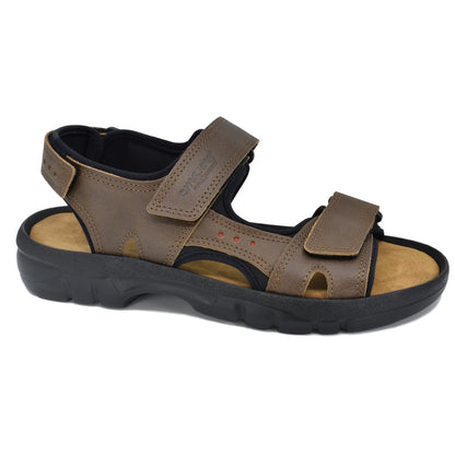 Brown leather sandals with adjustable straps, featuring a cushioned sole, by Omaking, available in sizes 41, 42, and 43.