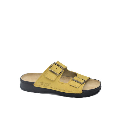 Yellow Meeliku sandals from Omaking featuring double buckle straps and a comfortable sole, available in sizes 36-38.