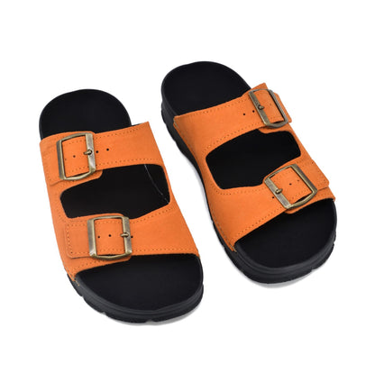 Orange suede Meeliku sandals with dual buckles and a comfortable black sole, available in size 36-38.