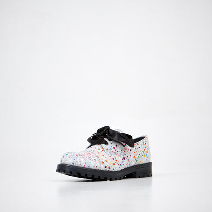Genuine leather unisex boots with colorful speckled design and black bow, military-grade, made in Estonia by Samelin