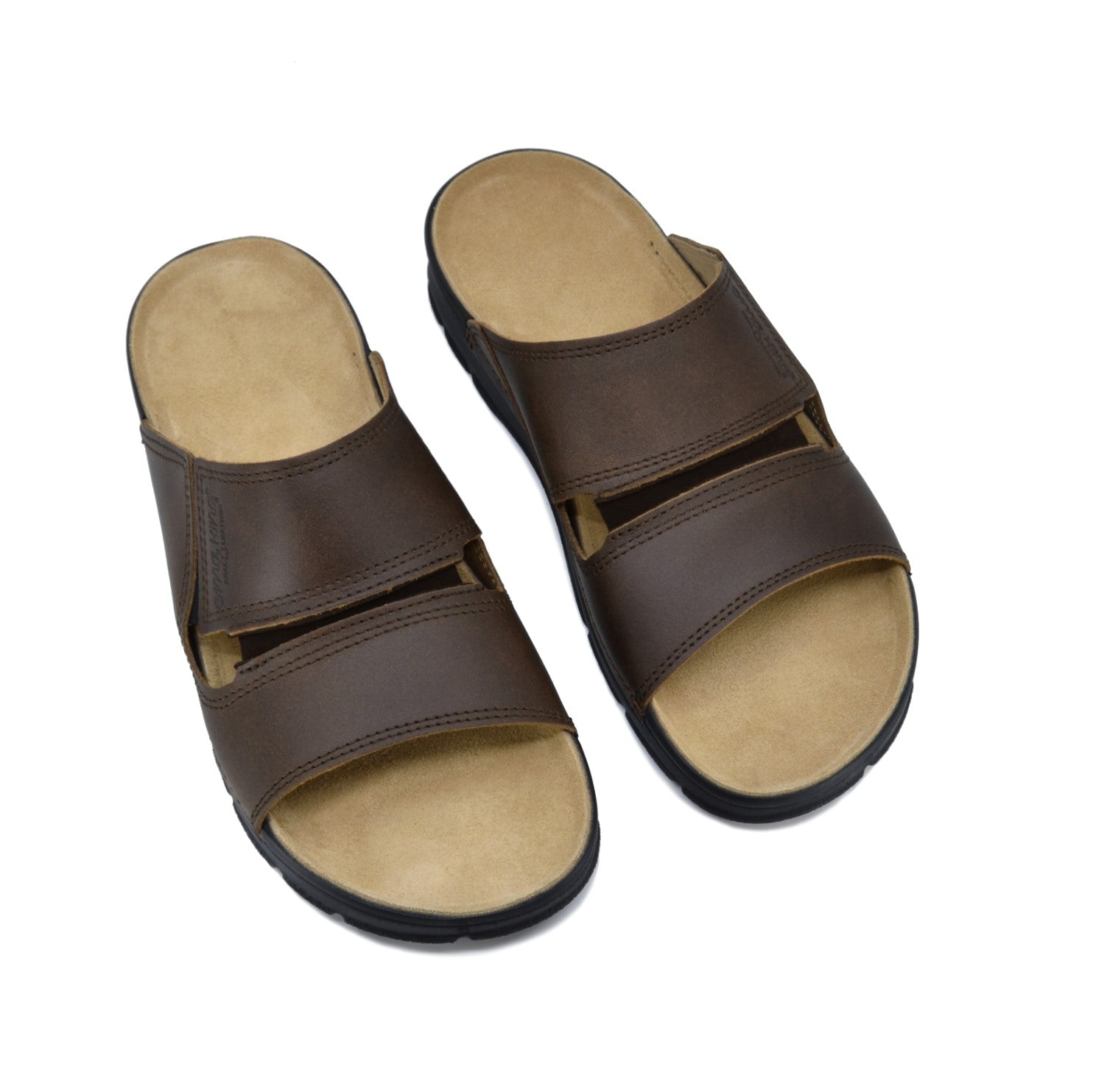 Brown slide sandals with dual straps and cushioned footbed by Omaking, available in sizes 41, 42, and 43.