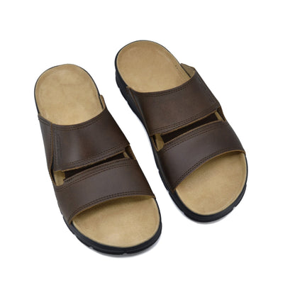 Brown slide sandals with dual straps and cushioned footbed by Omaking, available in sizes 41, 42, and 43.