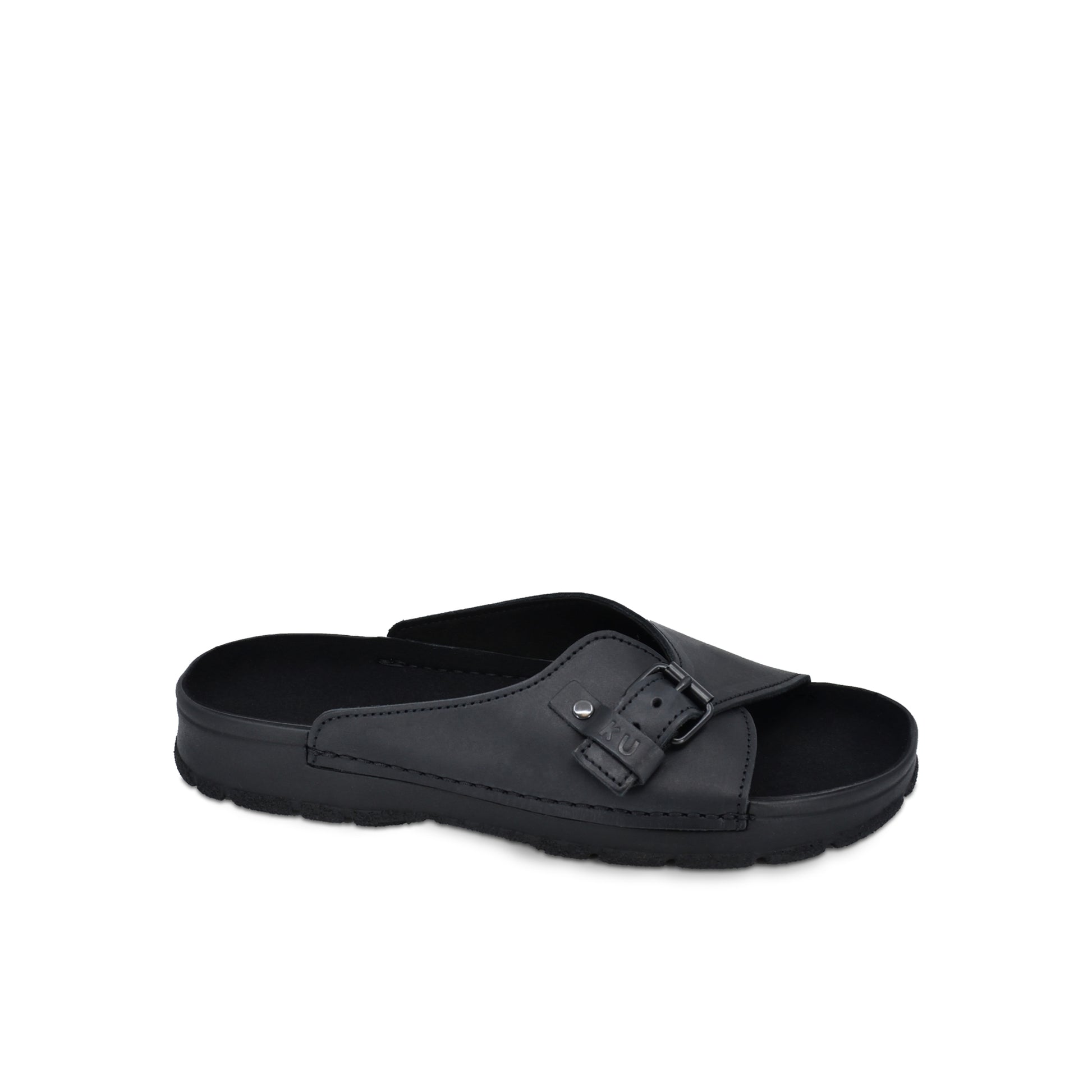 Black TOKU Rome Sandals by Omaking featuring a buckle and comfortable slip-on design. Available in sizes 36, 37, 38.