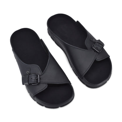 Black TOKU Rome sandals by Omaking with a crossover strap and adjustable buckle. Available in sizes 36, 37, and 38.