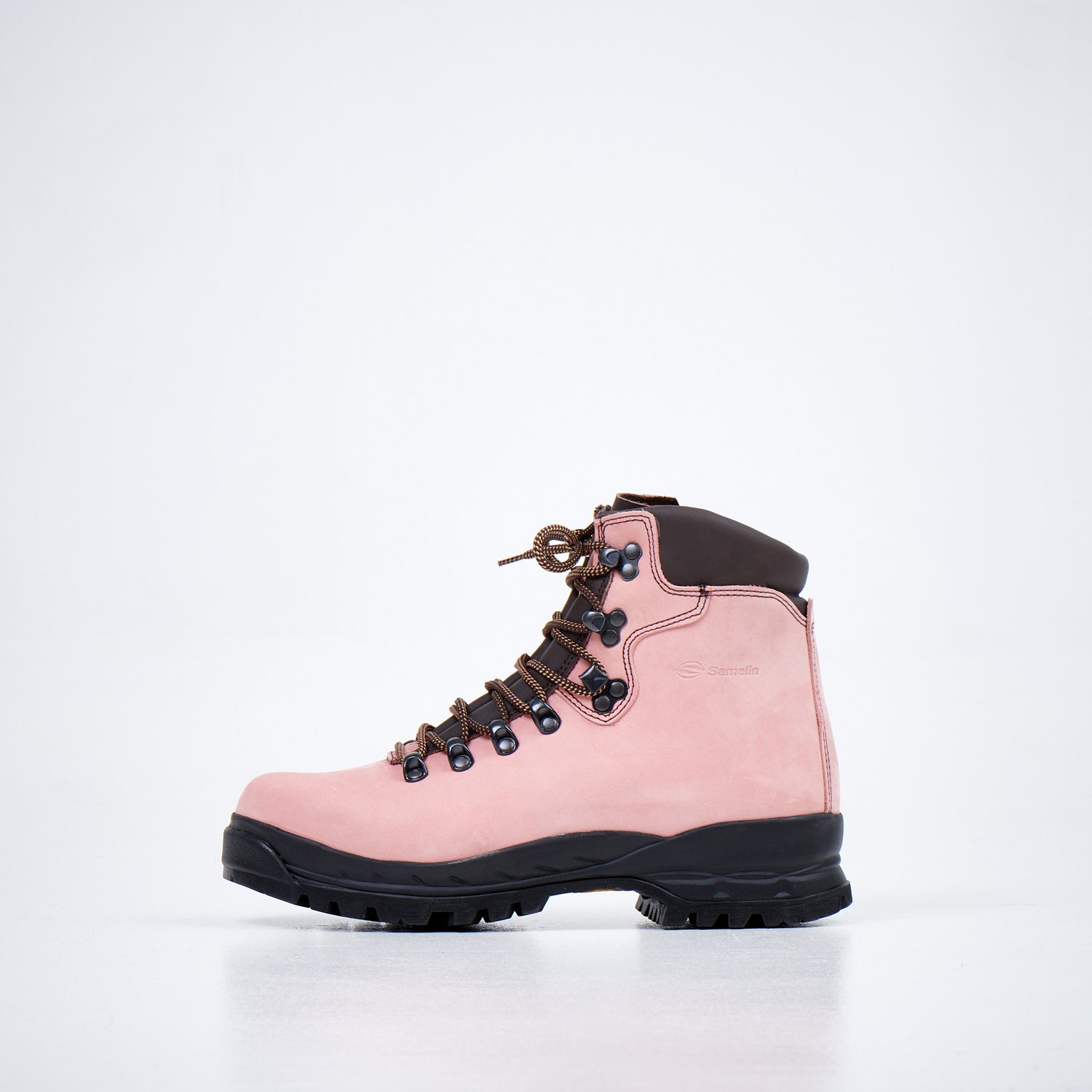 Pink nubuck leather waterproof hiking boots with Vibram sole and metal eyelets by Samelin.