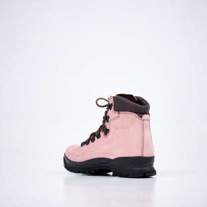 Pink nubuck leather hiking boots with Vibram sole and antibacterial insole by Samelin.