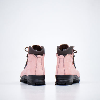 Pink nubuck leather waterproof hiking boots with Vibram sole, featuring brown accents and lace-up design, by Samelin.