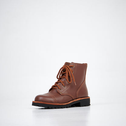 Brown leather ankle boots with lace-up design, featuring a rugged sole; AIPI brand.