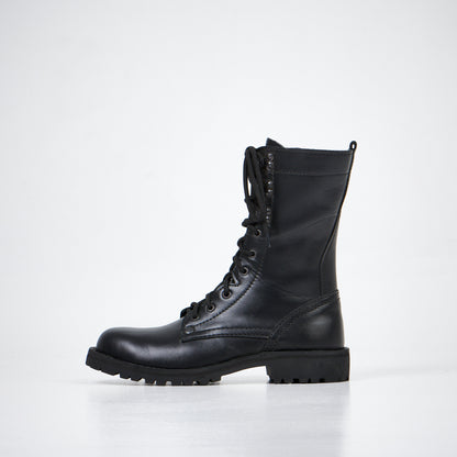 Black leather combat boots with lace-up front and rugged sole, AIPI-2 model by aipi.