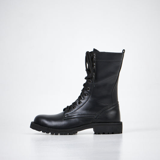 Black leather combat boots with lace-up front and rugged sole, AIPI-2 model by aipi.